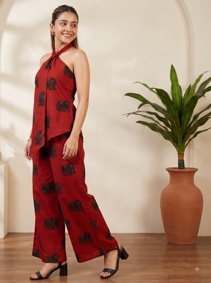 Picture of Red Elephant Print Halter Top Pants Set