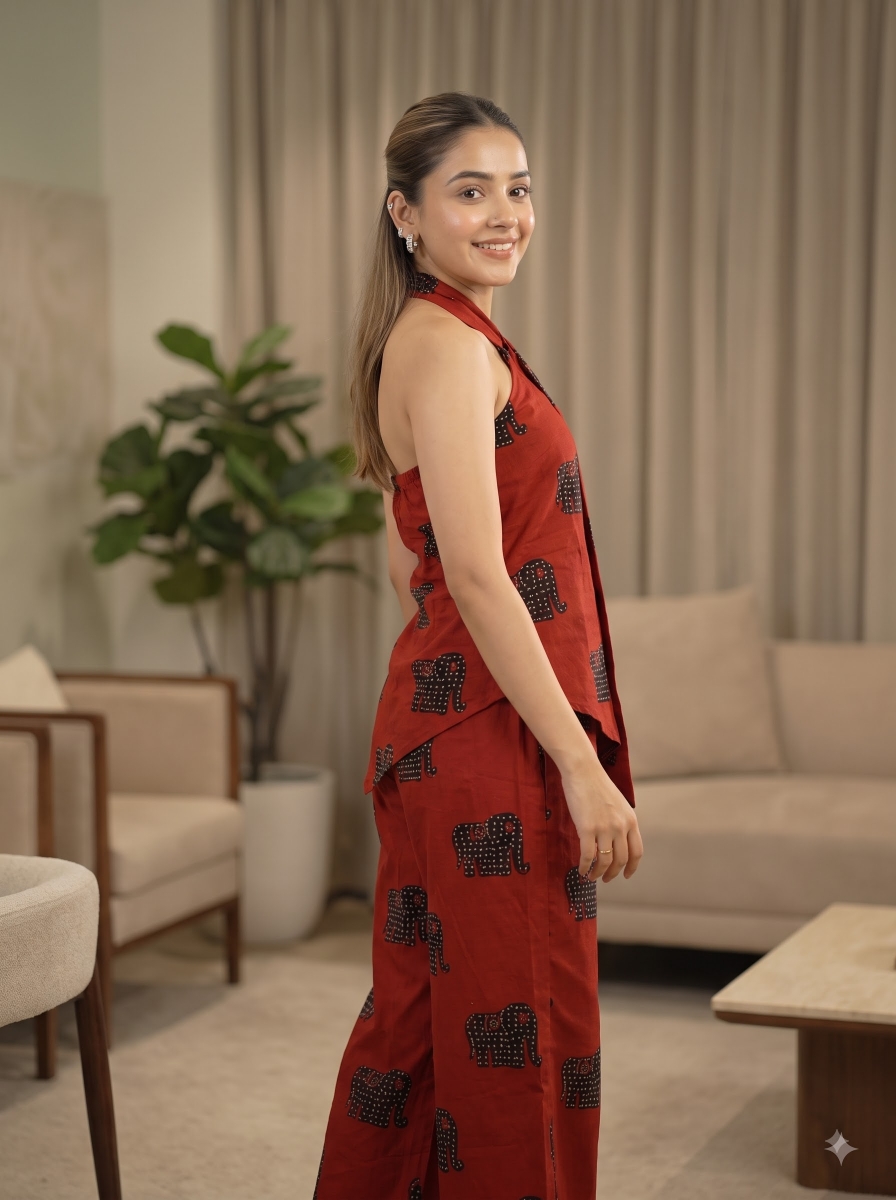 Picture of Red Elephant Print Halter Top Pants Set