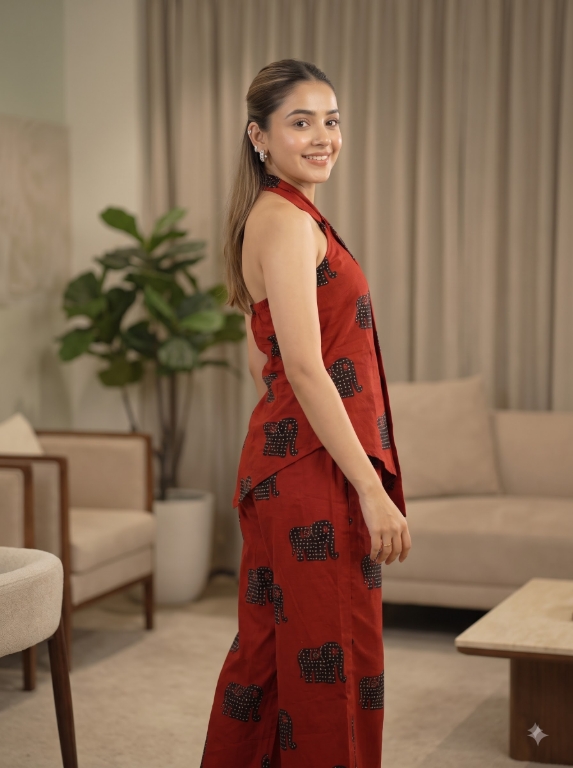 Picture of Red Elephant Print Halter Top Pants Set