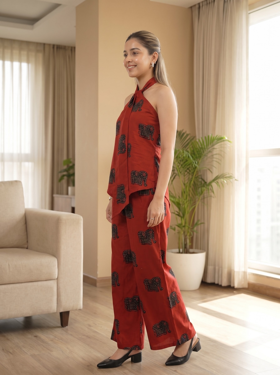 Picture of Red Elephant Print Halter Top Pants Set
