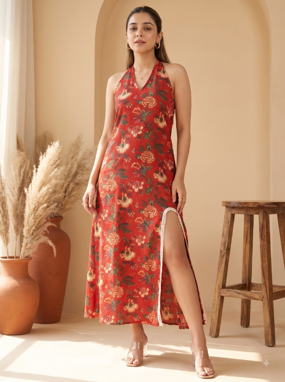 Picture of Red Floral Halter Neck Slit Maxi Dress