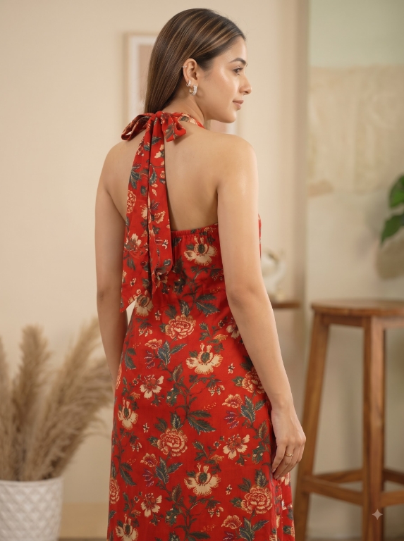 Picture of Red Floral Halter Neck Slit Maxi Dress