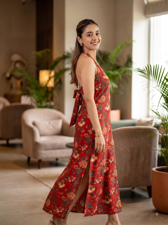 Picture of Red Floral Halter Neck Slit Maxi Dress