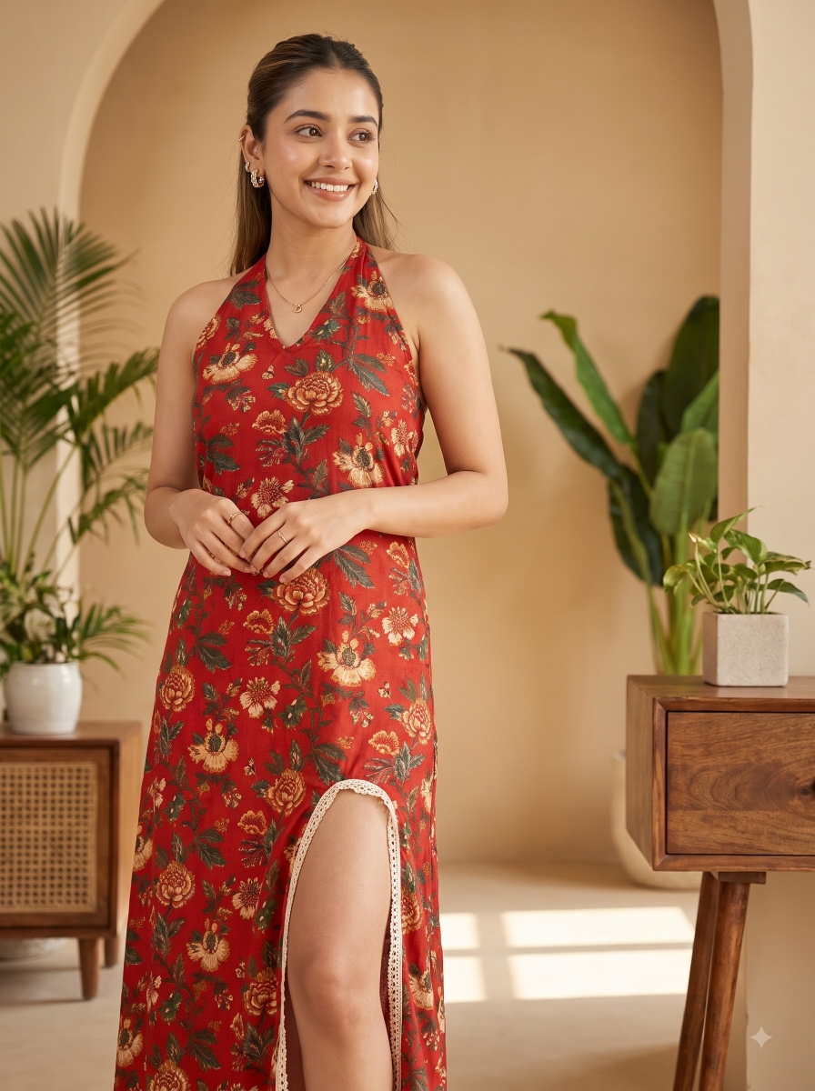 Picture of Red Floral Halter Neck Slit Maxi Dress