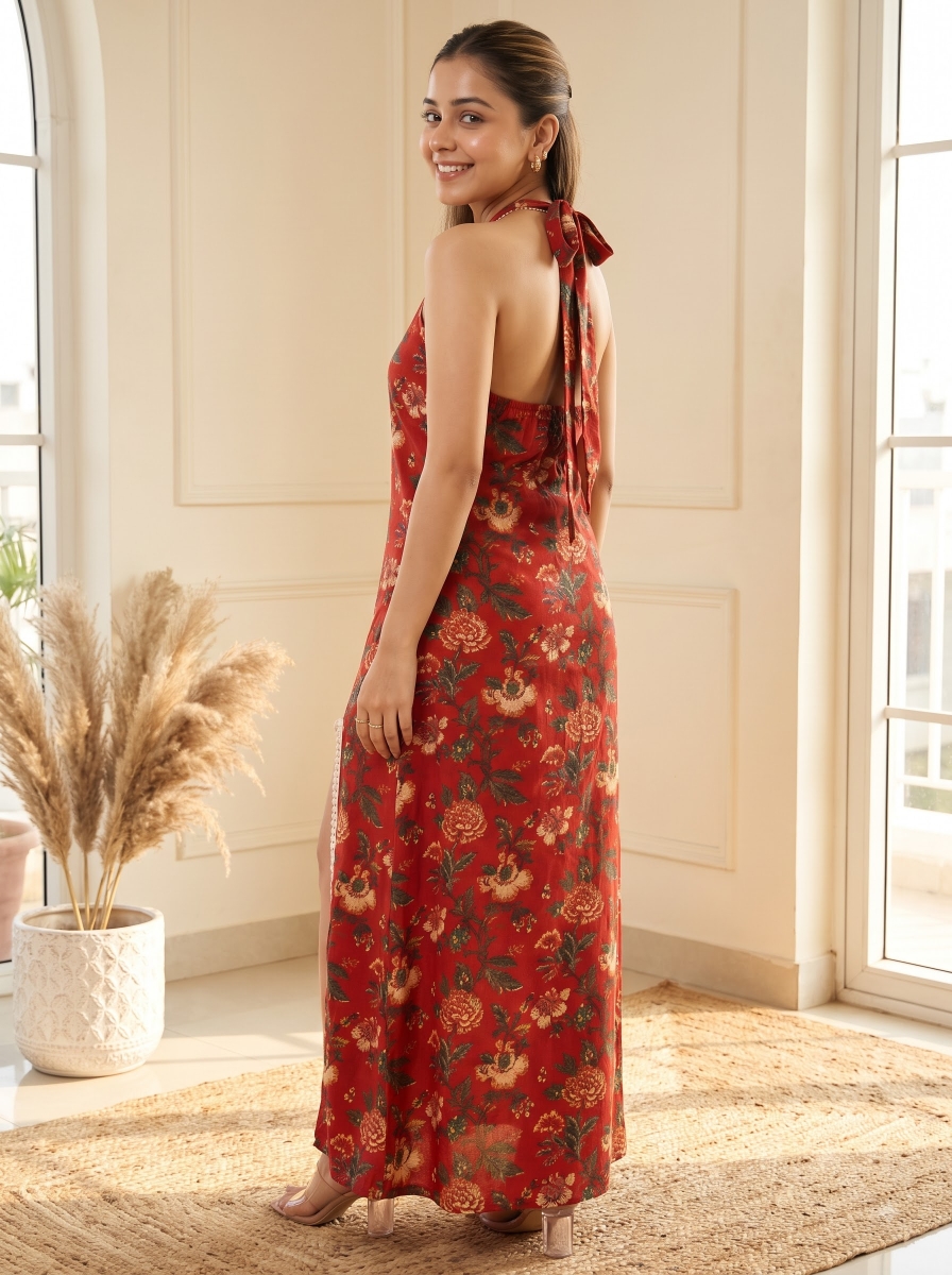 Picture of Red Floral Halter Neck Slit Maxi Dress