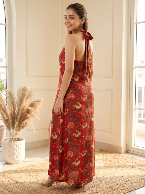Picture of Red Floral Halter Neck Slit Maxi Dress