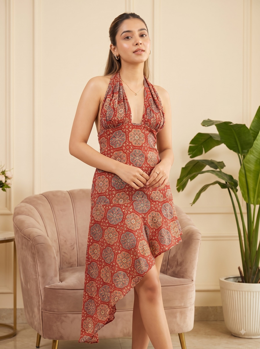Picture of Red Printed Halter Neck Asymmetric Mini Dress