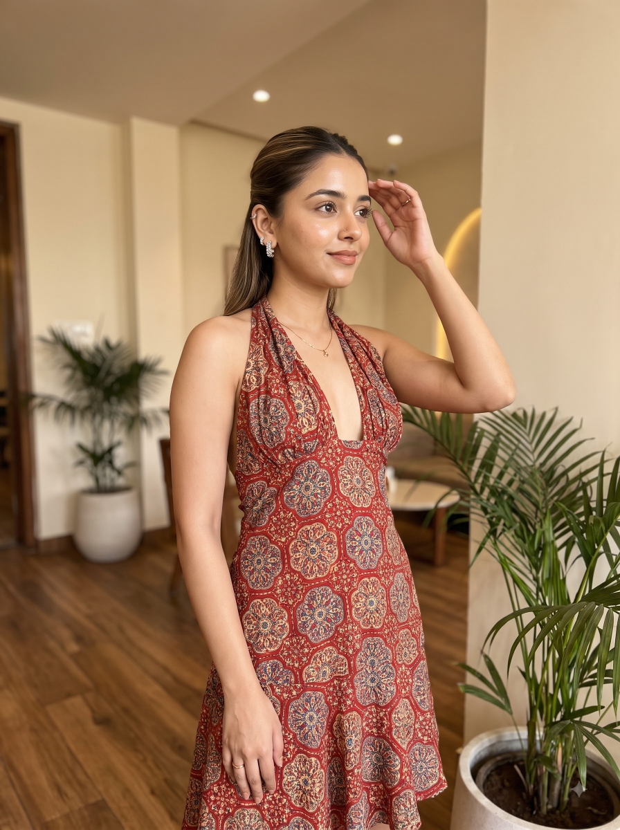 Picture of Red Printed Halter Neck Asymmetric Mini Dress