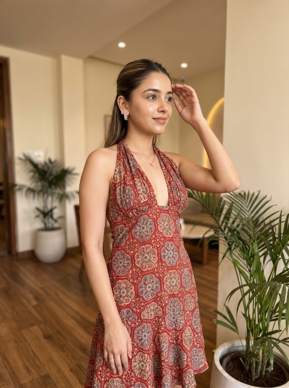 Picture of Red Printed Halter Neck Asymmetric Mini Dress