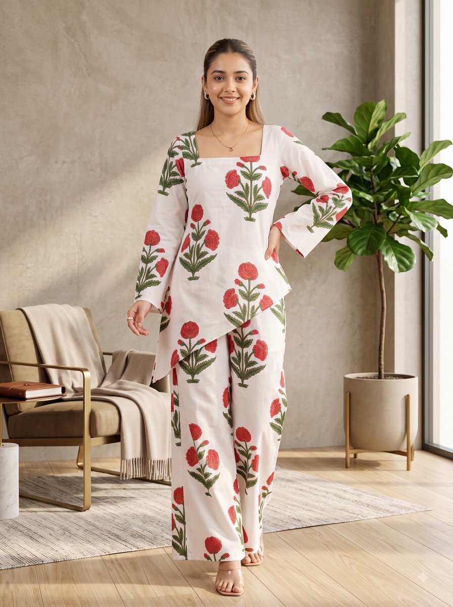 Picture of White Printed Square Neck Co-Ord Set