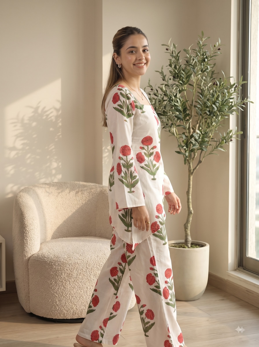 Picture of White Printed Square Neck Co-Ord Set