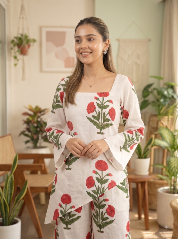 Picture of White Printed Square Neck Co-Ord Set