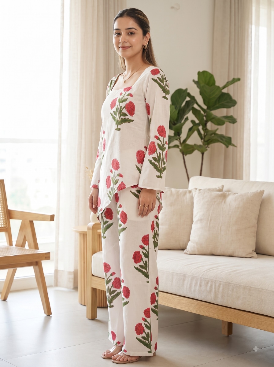 Picture of White Printed Square Neck Co-Ord Set