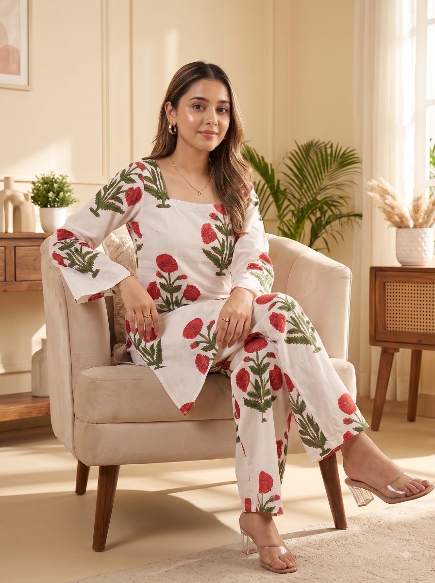 Picture of White Printed Square Neck Co-Ord Set