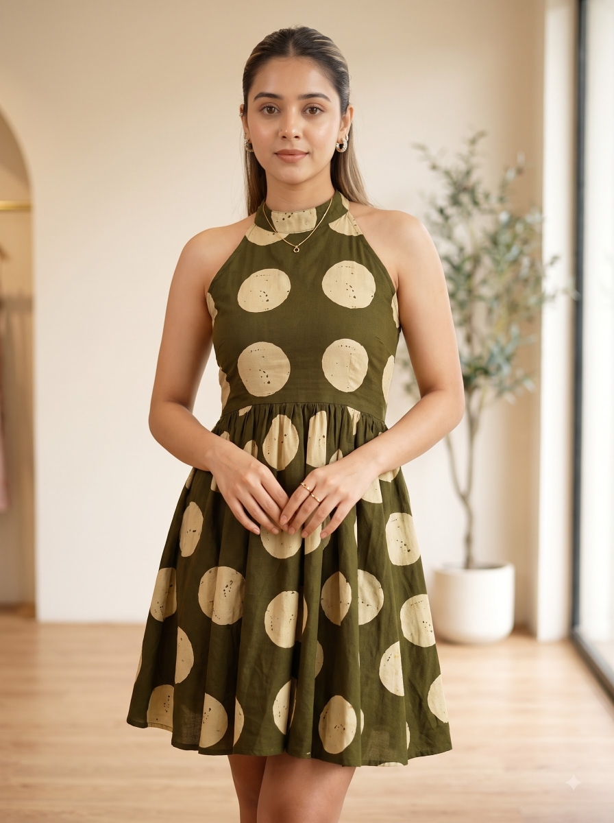 Picture of Olive Green Polka Dot Halter Mini Dress