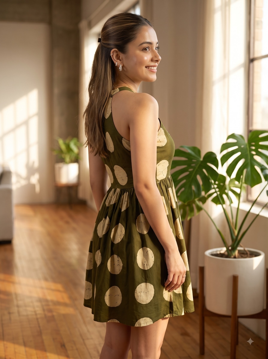 Picture of Olive Green Polka Dot Halter Mini Dress