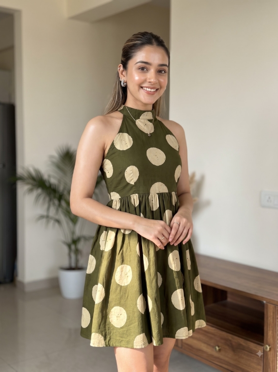 Picture of Olive Green Polka Dot Halter Mini Dress