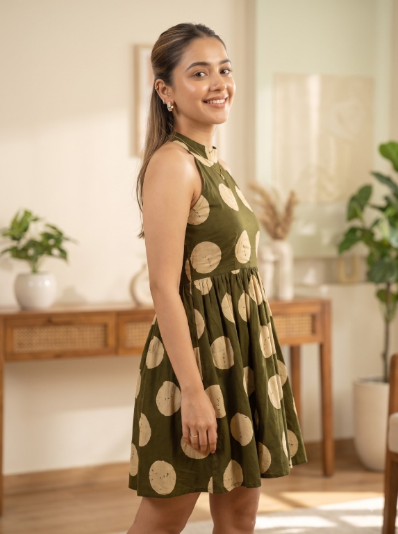Picture of Olive Green Polka Dot Halter Mini Dress