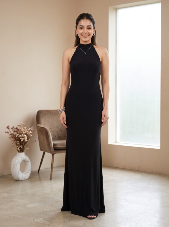 Picture of Black Halter Neck Backless Maxi Dress